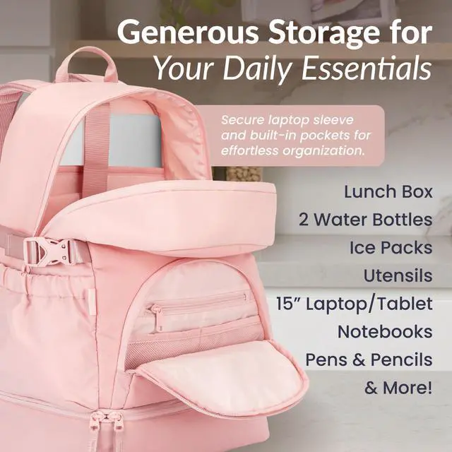 Alt view image 3 of 4 - Bentgo 2-in-1 Adult Backpack & Insulated Lunch Bag  Lightweight, Water-Resistant Travel Backpack with 9 Compartments, Laptop Sleeve & Trolley Sleeve for Work & Everyday Use (Soft Blush)