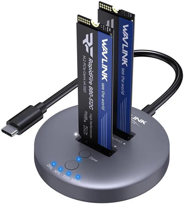 Main image of WAVLINK M.2 NVMe SSD Cloner Dock, 10Gbps Dual-Bay NVMe to USB-C/A Enclosure, Supports Offline Clone, UASP, Design for M-Key or M+B Key SSDs in Size 2230/2242/2260/2280/22110, SSD Not Include