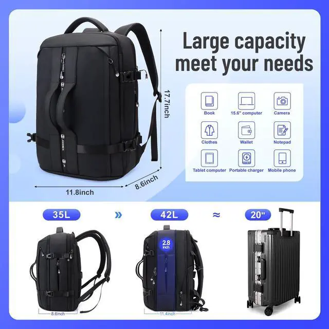 Alt view image 2 of 5 - 50L Travel Backpack for Women & Men,Airline Approved Carry On Luggage,TSA Overnight Bags,Waterproof Personal Item Bag,Weekender Essentials Backpacks fits 17" Laptop Business Smart Backpack-Black