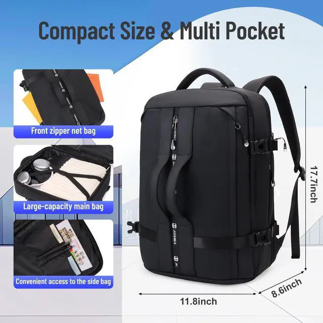 Alt view image 5 of 5 - 50L Travel Backpack for Women & Men,Airline Approved Carry On Luggage,TSA Overnight Bags,Waterproof Personal Item Bag,Weekender Essentials Backpacks fits 17" Laptop Business Smart Backpack-Black