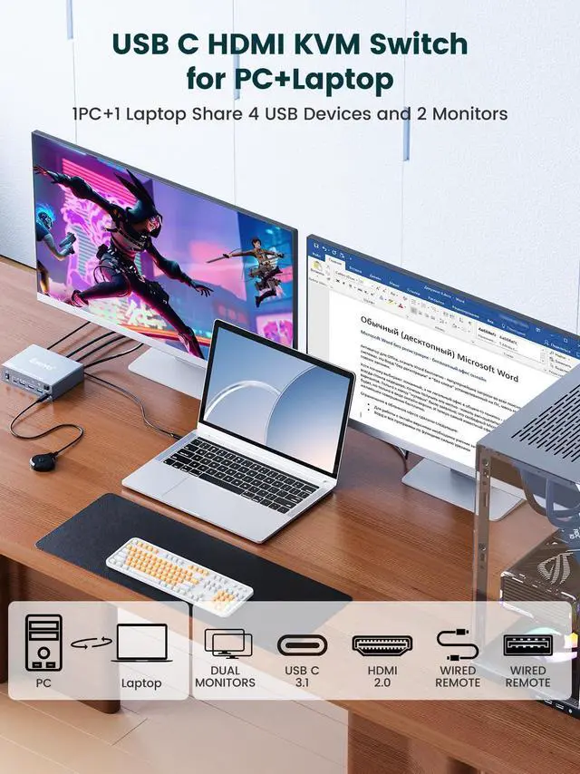 Alt view image 2 of 5 - KVM Switch 2 Monitor for 1 Laptop & 1 Desktop: Dual Monitor (4K@60Hz), USB-C & HDMI, Docking Station w/ 4 USB 3.0 Ports, 80W PD Charging, Remote & USB-C Cable