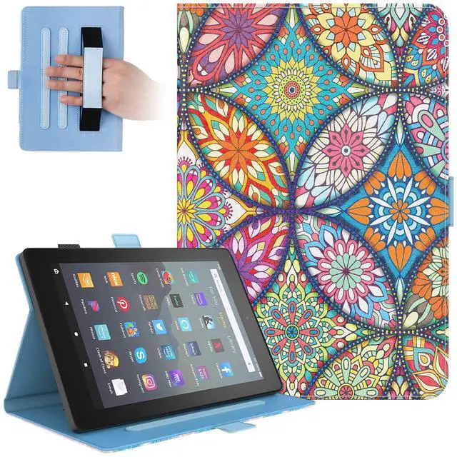Main image of Dteck for Amazon Fire 7" (9th/7th/5th Generation 2019/2017/2015 Release) Smart Folio Tablet Case with Auto Sleep Wake/Stand Function, Hand Grip Strap, PU Leather Protective Cute Cover, Stained Glass