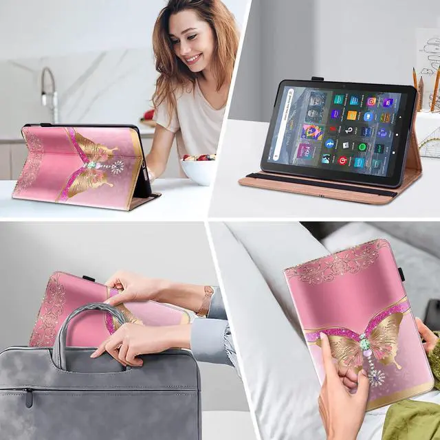 Alt view image 5 of 5 - Case for Amazon Fire HD 8 / Fire HD 8 Plus (12th/10th Generation,2024/2022/2020), Folio Stand PU Leather Wallet Cover with Elastic Band & Card Slots for Fire HD 8 Tablet 8 Inch - Pink Butterfly