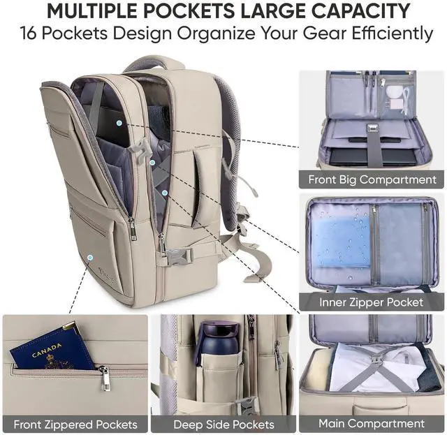 Alt view image 2 of 5 - BALEINE Travel Backpack for Women Men, Large Sturdy Carry On Laptop Backpack Gifts for Business, Casual, Weekender, Hiking (Large, Khaki)