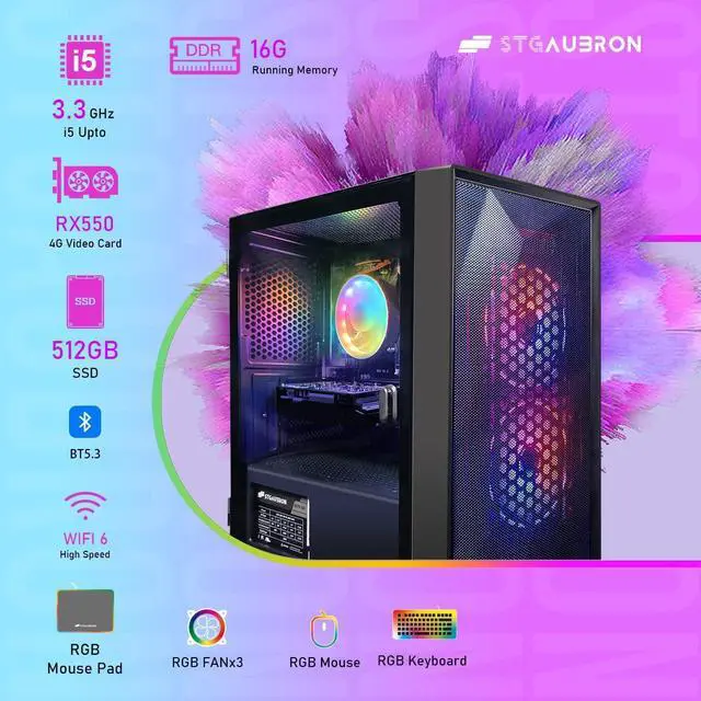 Alt view image 5 of 5 - STGAubron Prebuilt Gaming PC Desktop, Radeon RX 550 4G, Intel Core i5 up to 3.7GHz, 16G RAM, 512G SSD, WiFi 6, BT 5.3, RGB Fan x2, Windows 11 Home