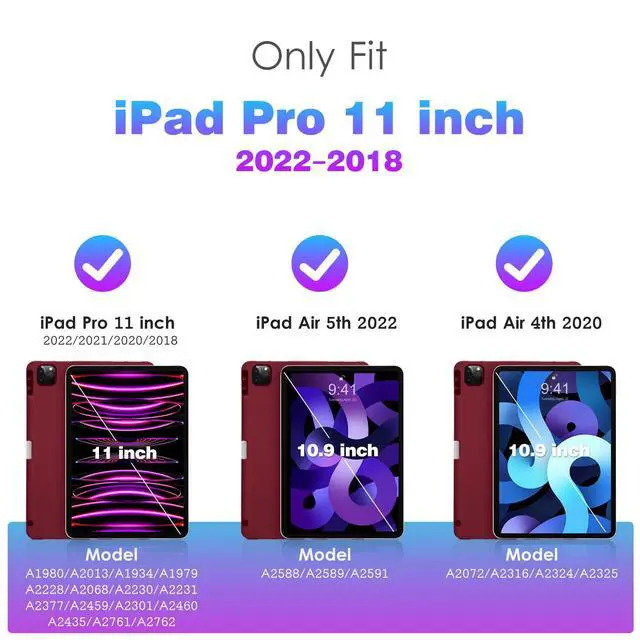 Alt view image 2 of 5 - DTTO for iPad Pro 11 inch 4th/3rd/2nd/1st Generation 2022/2021/2020/2018 Case, Smart Slim Trifold Stand Soft TPU Back Cover with Built-in Pencil Holder, Also Fit iPad Air 5/4,Burgundy Red