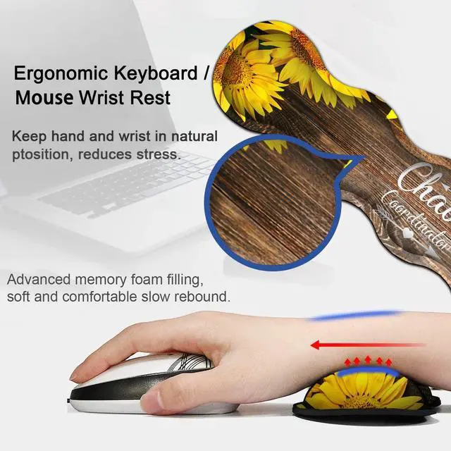 Alt view image 4 of 5 - Desk Pad, Keyboard Mouse Pad Set, Extended Gaming Mouse Pad+ Ergonomics Memory Foam Wrist Rest Support,31.5x11.8in Waterproof Large Mouse Pad for Home Office,Chaos Coordinator Sunflower XXL Mouse Mat
