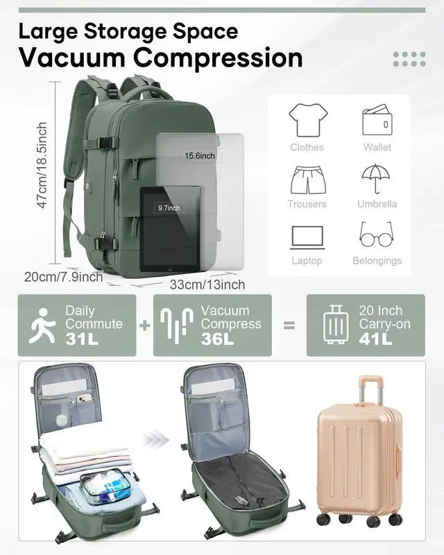 Alt view image 2 of 5 - Vacuum Backpack Travel,Air Backpack with Pump Personal Item Carry On Backpacks Flight Approved Laptop Work Seal Compression Bags Men Women Vacpack Business College Casual Daypack Dark Green