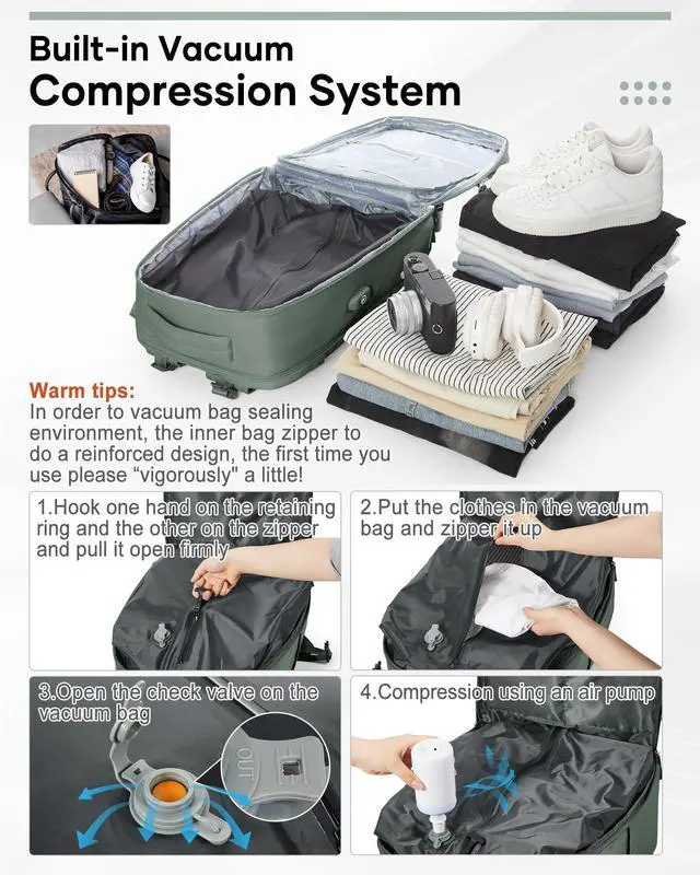 Alt view image 3 of 5 - Vacuum Backpack Travel,Air Backpack with Pump Personal Item Carry On Backpacks Flight Approved Laptop Work Seal Compression Bags Men Women Vacpack Business College Casual Daypack Dark Green