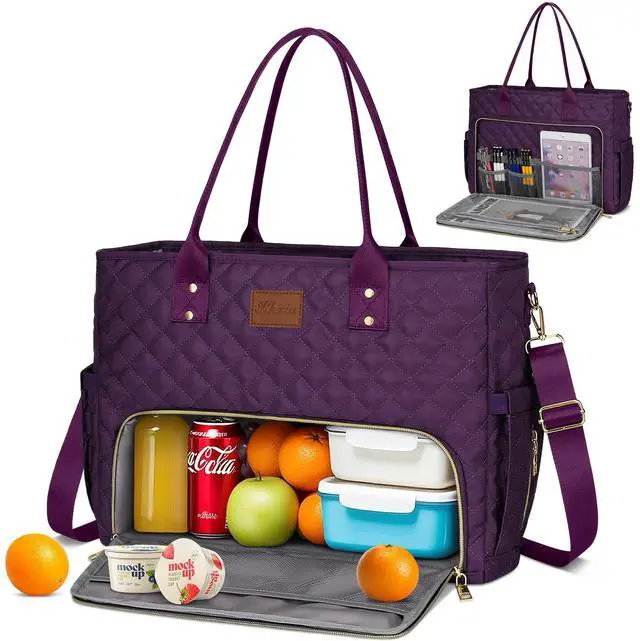 Main image of KKXIU Lunch Tote Bag for Teacher & Nurse, 15.6 Inch Laptop Tote with Insulated Lunch Box Pocket for Women, Professional Computer Work Bag for School, Office, Nursing - Purple