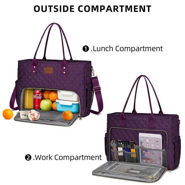 Alt view image 5 of 5 - KKXIU Lunch Tote Bag for Teacher & Nurse, 15.6 Inch Laptop Tote with Insulated Lunch Box Pocket for Women, Professional Computer Work Bag for School, Office, Nursing - Purple