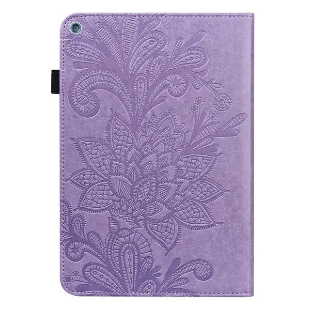 Alt view image 4 of 5 - UUcovers Fire HD 10 Case 9th/7th/5th Generation (2019/2017/2015) with Pencil Holder [Auto Sleep/Wake] Elastic Band Pocket Multi-Angle Stand Magnetic Folio PU Leather Shockproof Cover,Purple Flower
