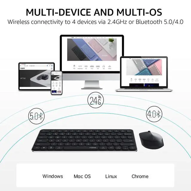 Alt view image 2 of 5 - Rapoo 9010M Multi-Device Keyboard and Mouse Combo, 2.4GHz/Bluetooth 5.0/4.0 Wireless Keyboard & Mouse Set for Windows/Mac/Linux/Chrome, Support 4 Devices, Low-Profile Silent Click, Battery Powered