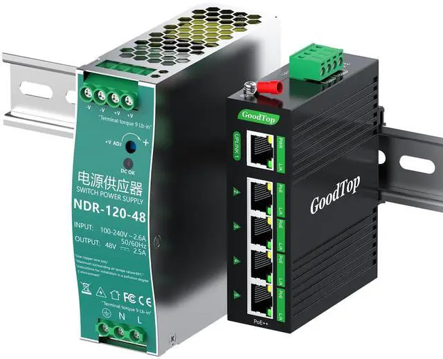 Main image of GoodTop Industrial 5-Port Gigabit PoE++ Switch,4*90W BT PoE++ Ports and 1 Uplink Port,Total Budget 120W, with Power Supply, DIN-Rail Mount, for PTZ Cameras, VoIP Phones, Wireless APs
