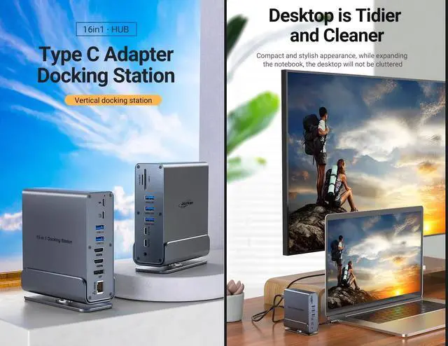 Alt view image 5 of 5 - Jorkar Vertical Laptop Docking Station 3 Monitors, 15-in-1 USB C Dock Station Hub Triple Display with 2X 4K HDMI & 1x DP, 10Gbps USB-C and USB-A 3.2 Data, 100W PD Charging+Ethernet+SD/TF+Audio