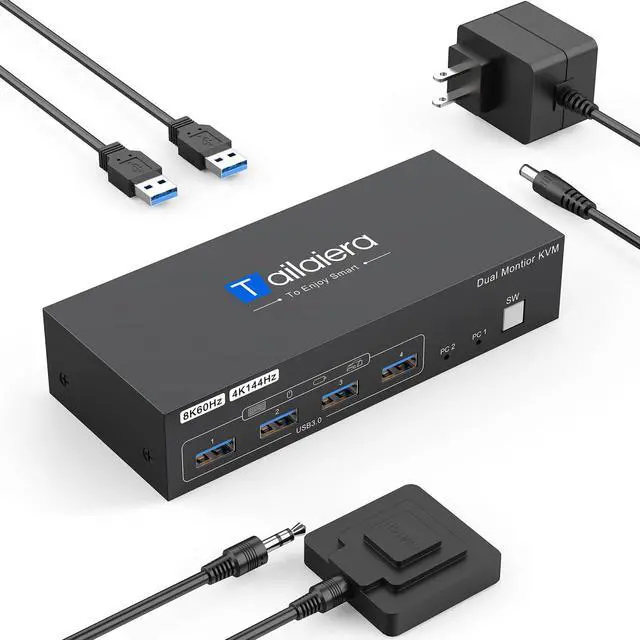 Main image of 8K HDMI KVM Switch 2 Monitors 2 Computers, 8K@60Hz Dual KVM Switch for 2 Computers Sharing 2 Monitors, Keyboard, Mouse, Hard Drives, Printer, with EDID Adaptive, 2*USB Cables, and Controller