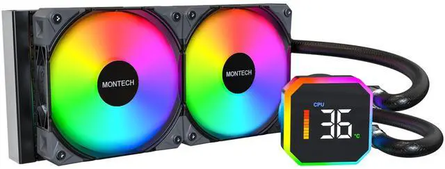 Main image of MONTECH HyperFlow Digital 240 CPU Liquid Cooler, 240mm AIO with 3100RPM Pump, 2×120mm E28 ARGB Fans, Real-Time Digital Display, Intel & AMD Support (Black)
