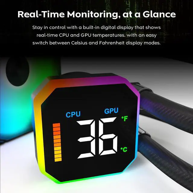 Alt view image 2 of 5 - MONTECH HyperFlow Digital 240 CPU Liquid Cooler, 240mm AIO with 3100RPM Pump, 2×120mm E28 ARGB Fans, Real-Time Digital Display, Intel & AMD Support (Black)