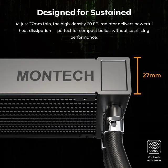 Alt view image 5 of 5 - MONTECH HyperFlow Digital 240 CPU Liquid Cooler, 240mm AIO with 3100RPM Pump, 2×120mm E28 ARGB Fans, Real-Time Digital Display, Intel & AMD Support (Black)