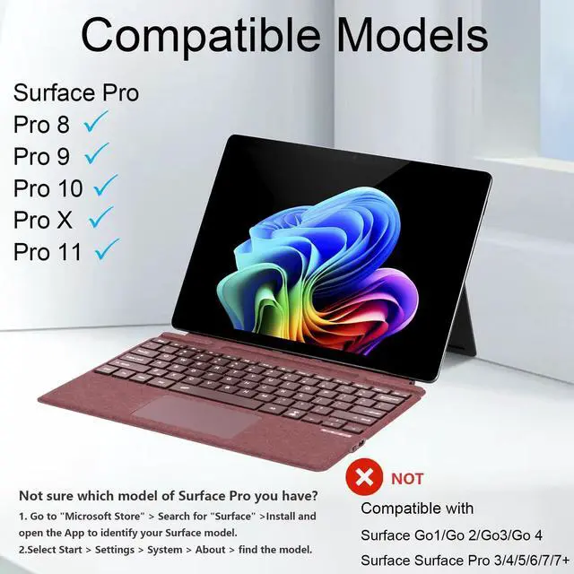 Alt view image 2 of 5 - Type Cover for Microsoft Surface Pro 11 Pro 10 Pro 9 Pro 8 Pro X, 13 inch, Ultra-Slim Bluetooth Keyboard with Multi-Touchpad Mouse Rechargeable, 7-Color LED Backlit (Burgundy with Backlit)