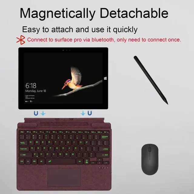 Alt view image 3 of 5 - Type Cover for Microsoft Surface Pro 11 Pro 10 Pro 9 Pro 8 Pro X, 13 inch, Ultra-Slim Bluetooth Keyboard with Multi-Touchpad Mouse Rechargeable, 7-Color LED Backlit (Burgundy with Backlit)