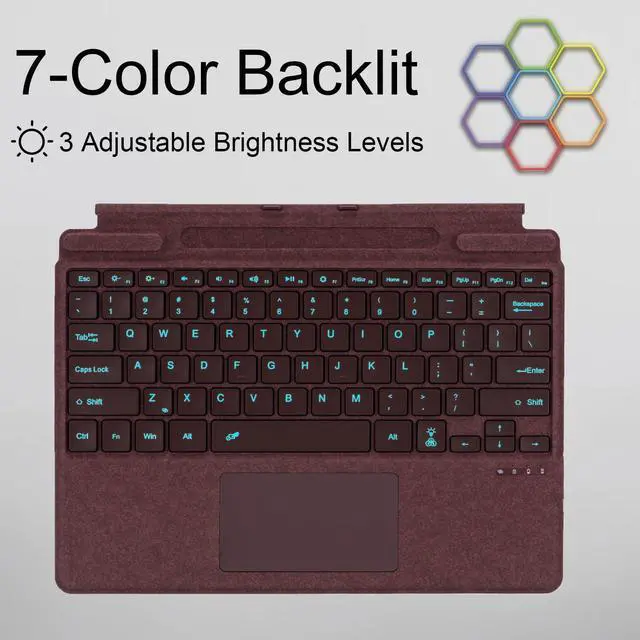 Alt view image 5 of 5 - Type Cover for Microsoft Surface Pro 11 Pro 10 Pro 9 Pro 8 Pro X, 13 inch, Ultra-Slim Bluetooth Keyboard with Multi-Touchpad Mouse Rechargeable, 7-Color LED Backlit (Burgundy with Backlit)