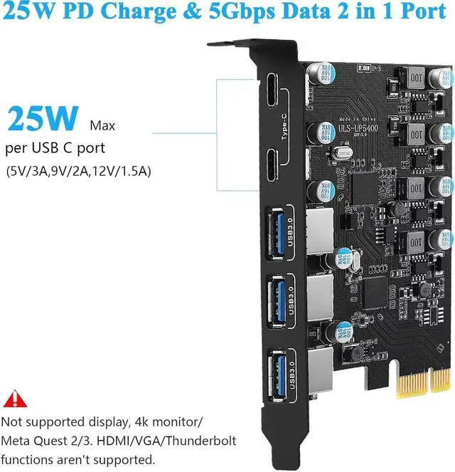 Alt view image 2 of 5 - Sinefine USB PCIe Card Power Supply 5 Ports USB 3.0 Expansion Card (3 USB A and 2 Type-C Ports)