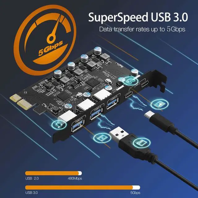 Alt view image 3 of 5 - Sinefine USB PCIe Card Power Supply 5 Ports USB 3.0 Expansion Card (3 USB A and 2 Type-C Ports)