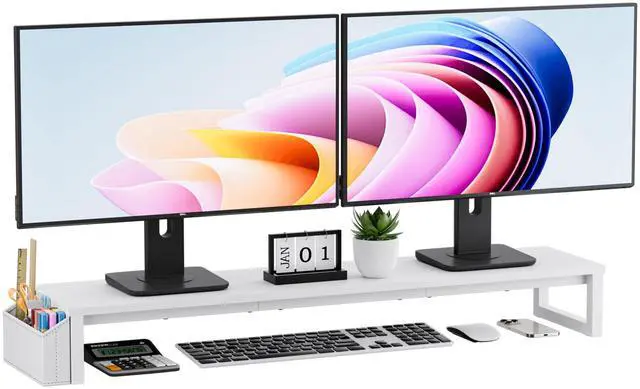 Main image of VERSASKY Dual Monitor Stand Riser, 41.5'' Extra Long Wood Monitor Stand Desktop Organizer with Side Pocket, Ergonomic Monitor Riser Supports 2 Monitors,TV,Laptop,Printer for Home Office, White