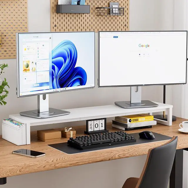 Alt view image 2 of 5 - VERSASKY Dual Monitor Stand Riser, 41.5'' Extra Long Wood Monitor Stand Desktop Organizer with Side Pocket, Ergonomic Monitor Riser Supports 2 Monitors,TV,Laptop,Printer for Home Office, White