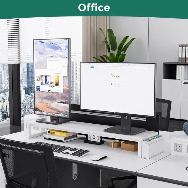 Alt view image 4 of 5 - VERSASKY Dual Monitor Stand Riser, 41.5'' Extra Long Wood Monitor Stand Desktop Organizer with Side Pocket, Ergonomic Monitor Riser Supports 2 Monitors,TV,Laptop,Printer for Home Office, White