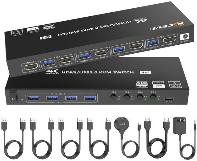 Main image of HDMI KVM Switch 4 Computers 1 Monitors 4K@60Hz 2K@120Hz,4 Port KVM Switch with Simulation EDID for 4 PCs Sharing Monitor Keyboard Mouse Hard Drives Printer Wired Remote,Power Adapter Included