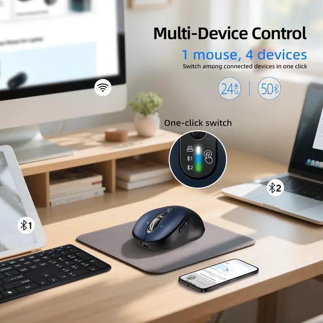 Alt view image 2 of 5 - Wireless Bluetooth Mouse for Laptop,USB+BT×2,Quiet Ergo Computer Mouses,Metal 4-Way Super Scrolling,± 3200 DPI,Rechargeable,10 Buttons,Plug&Play,Multi Device Cordless Mice for iPad,Tablet,Mac,PC,Phone