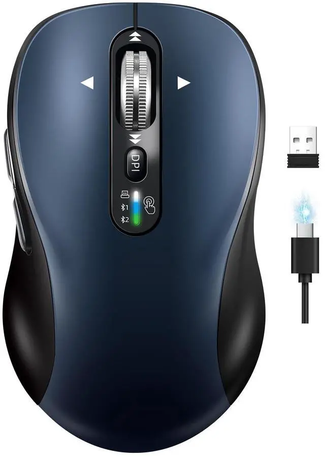 Main image of Wireless Bluetooth Mouse for Laptop,USB+BT×2,Quiet Ergo Computer Mouses,Metal 4-Way Super Scrolling,± 3200 DPI,Rechargeable,10 Buttons,Plug&Play,Multi Device Cordless Mice for iPad,Tablet,Mac,PC,Phone