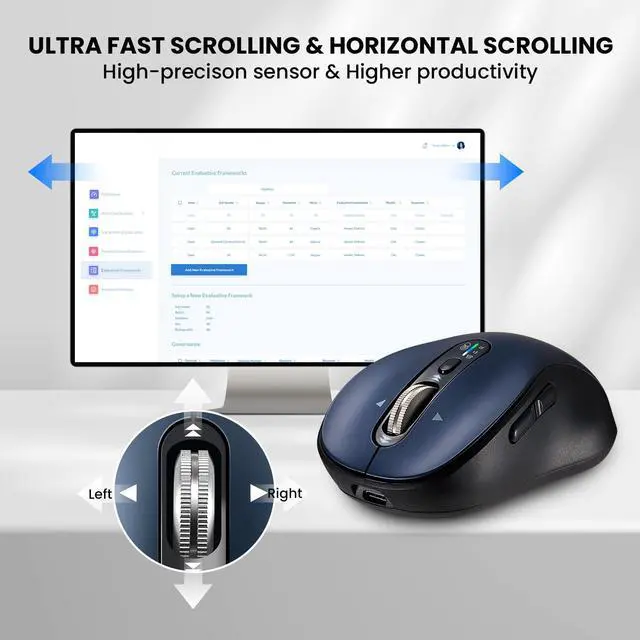 Alt view image 3 of 5 - Wireless Bluetooth Mouse for Laptop,USB+BT×2,Quiet Ergo Computer Mouses,Metal 4-Way Super Scrolling,± 3200 DPI,Rechargeable,10 Buttons,Plug&Play,Multi Device Cordless Mice for iPad,Tablet,Mac,PC,Phone