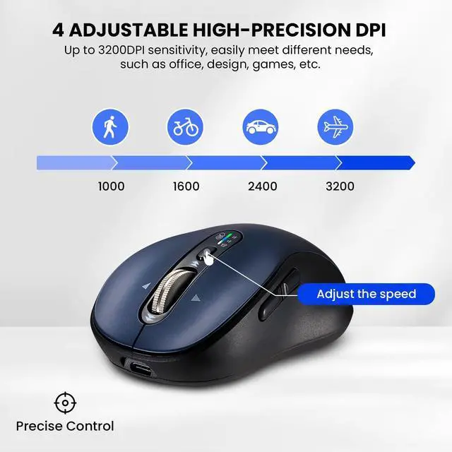 Alt view image 4 of 5 - Wireless Bluetooth Mouse for Laptop,USB+BT×2,Quiet Ergo Computer Mouses,Metal 4-Way Super Scrolling,± 3200 DPI,Rechargeable,10 Buttons,Plug&Play,Multi Device Cordless Mice for iPad,Tablet,Mac,PC,Phone