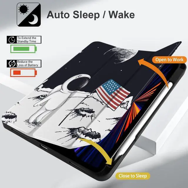 Alt view image 5 of 5 - Yebiseven Case for iPad 9th/8th/7th Generation 10.2 inch, Shockproof Tablet Case for iPad 10.2 inch 2022 2020 2019, Soft TPU Back Cover with Auto Wake/Sleep & Pencil Holder, Astronaut & Moon