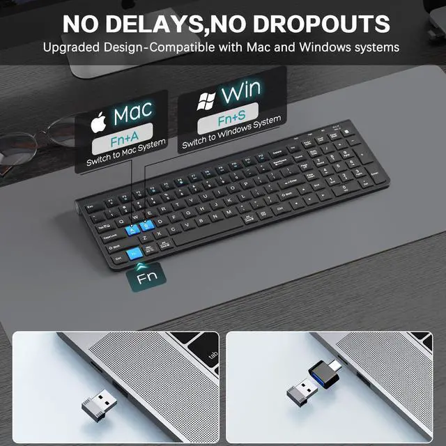 Alt view image 2 of 5 - JOYACCESS Wireless Keyboard, 2.4G Ergonomic and Slim Wireless Keyboard with USB & Type C, Full Size and Portable Design for Computer/Laptop/Windows/Mac-Black