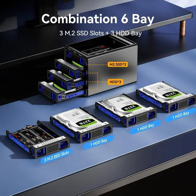 Alt view image 2 of 5 - CENMATE Hybrid 3*2.5/3.5" SATA HDD/SSD+3* M / B+M Key M.2 NVMe Enclosure with Cooling Fan and USB A/C 3.2 Gen 2, Hard Drive Enclosure Support 90TB(3*22TB HDD+3*8TB 2230/2242/2260/2280/22110 SSDs)