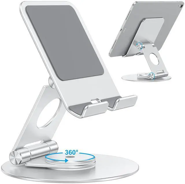 Main image of OMOTON Swivel Tablet Stand for iPad with 360 Rotating Base, Foldable Adjustable Holder for Drawing, Compatible with iPad Pro/Air/Mini and More, Silver