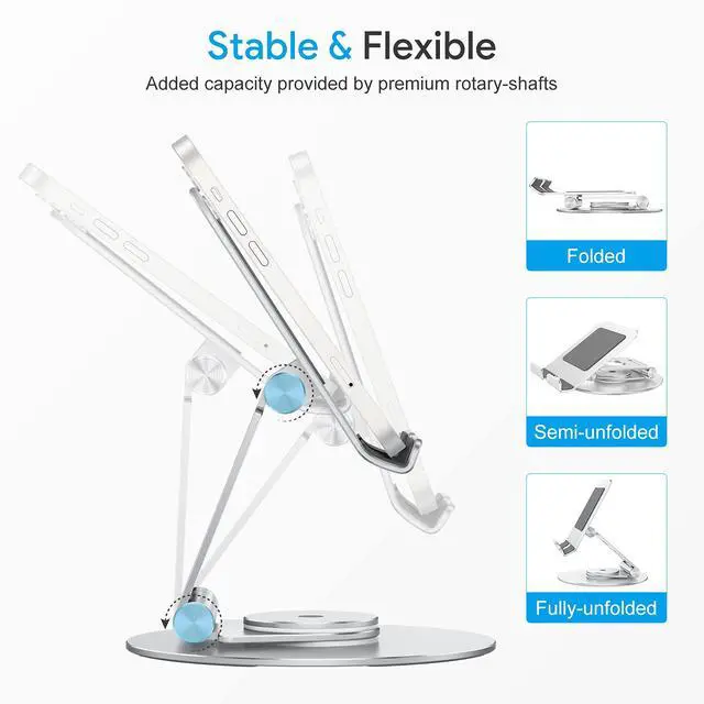 Alt view image 2 of 5 - OMOTON Swivel Tablet Stand for iPad with 360 Rotating Base, Foldable Adjustable Holder for Drawing, Compatible with iPad Pro/Air/Mini and More, Silver