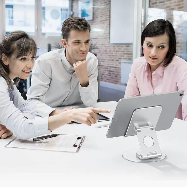 Alt view image 4 of 5 - OMOTON Swivel Tablet Stand for iPad with 360 Rotating Base, Foldable Adjustable Holder for Drawing, Compatible with iPad Pro/Air/Mini and More, Silver