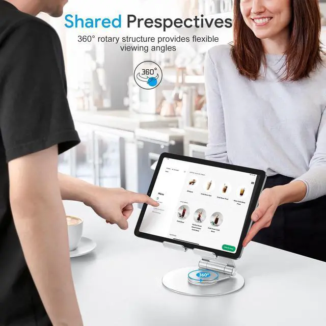 Alt view image 3 of 5 - OMOTON Swivel Tablet Stand for iPad with 360 Rotating Base, Foldable Adjustable Holder for Drawing, Compatible with iPad Pro/Air/Mini and More, Silver