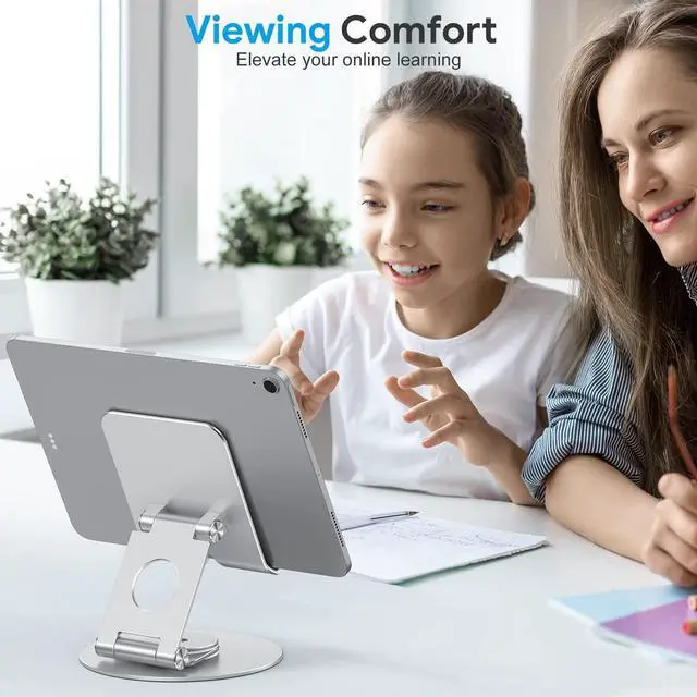 Alt view image 5 of 5 - OMOTON Swivel Tablet Stand for iPad with 360 Rotating Base, Foldable Adjustable Holder for Drawing, Compatible with iPad Pro/Air/Mini and More, Silver