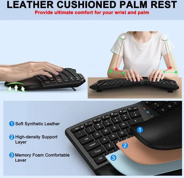 Alt view image 2 of 5 - Ergonomic Wireless Keyboard Mouse, Wave Key Bluetooth/2.4G Split Design Ergo Keyboard Mouse Combo with Cushioned Palm Rest, Multi-Device, Rechargeable, for Multi-OS, Windows/Mac/Android