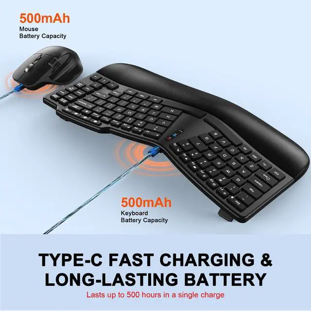 Alt view image 4 of 5 - Ergonomic Wireless Keyboard Mouse, Wave Key Bluetooth/2.4G Split Design Ergo Keyboard Mouse Combo with Cushioned Palm Rest, Multi-Device, Rechargeable, for Multi-OS, Windows/Mac/Android