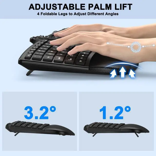 Alt view image 5 of 5 - Ergonomic Wireless Keyboard Mouse, Wave Key Bluetooth/2.4G Split Design Ergo Keyboard Mouse Combo with Cushioned Palm Rest, Multi-Device, Rechargeable, for Multi-OS, Windows/Mac/Android