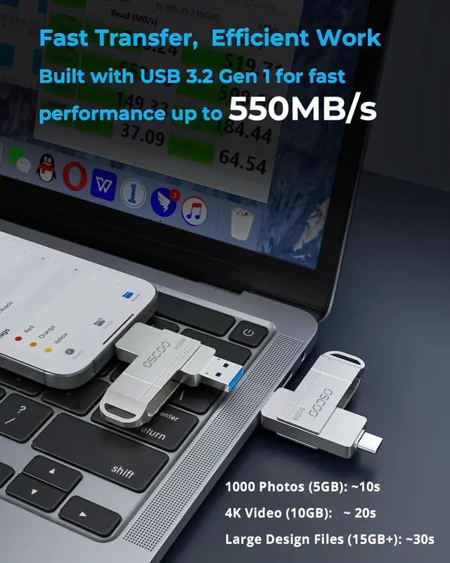 Alt view image 2 of 5 - OSCOO 512GB USB Flash Drive,Up to 550MB/sUSB 3.2 Gen1 High-Speed Thumb Drive, Dual USB-C & USB-A Ports, Compatible with iPhone 15/16/17, Android Phones, Mac  Photo & Video Backup