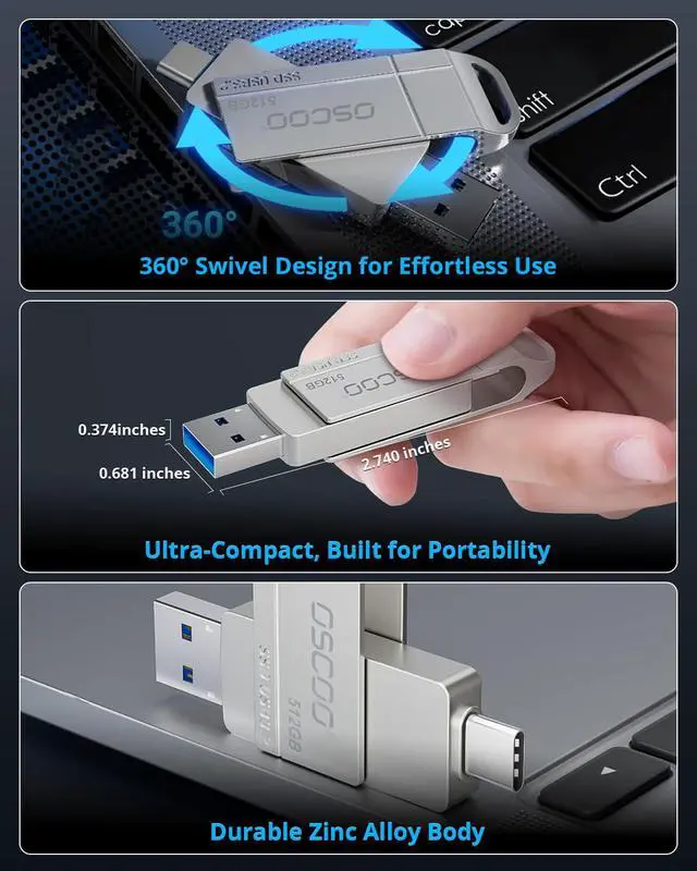Alt view image 5 of 5 - OSCOO 512GB USB Flash Drive,Up to 550MB/sUSB 3.2 Gen1 High-Speed Thumb Drive, Dual USB-C & USB-A Ports, Compatible with iPhone 15/16/17, Android Phones, Mac  Photo & Video Backup