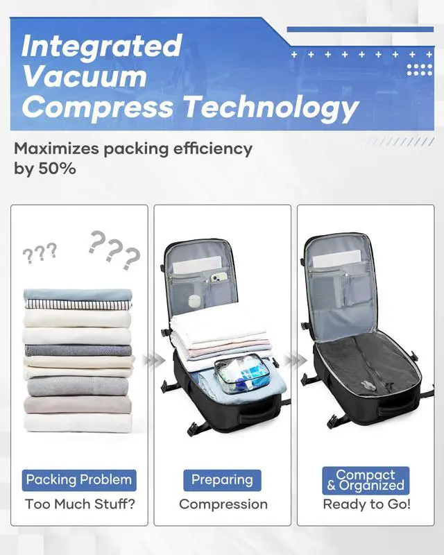 Alt view image 3 of 5 - Vacuum Backpack Travel with Pump, Travel Backpack with Vacuum System, Carry on Luggage 18x14x8 Airline Approved Travel Bag, mochila de viaje compresion al vacio, Waterproof Laptop Backpacks,Black